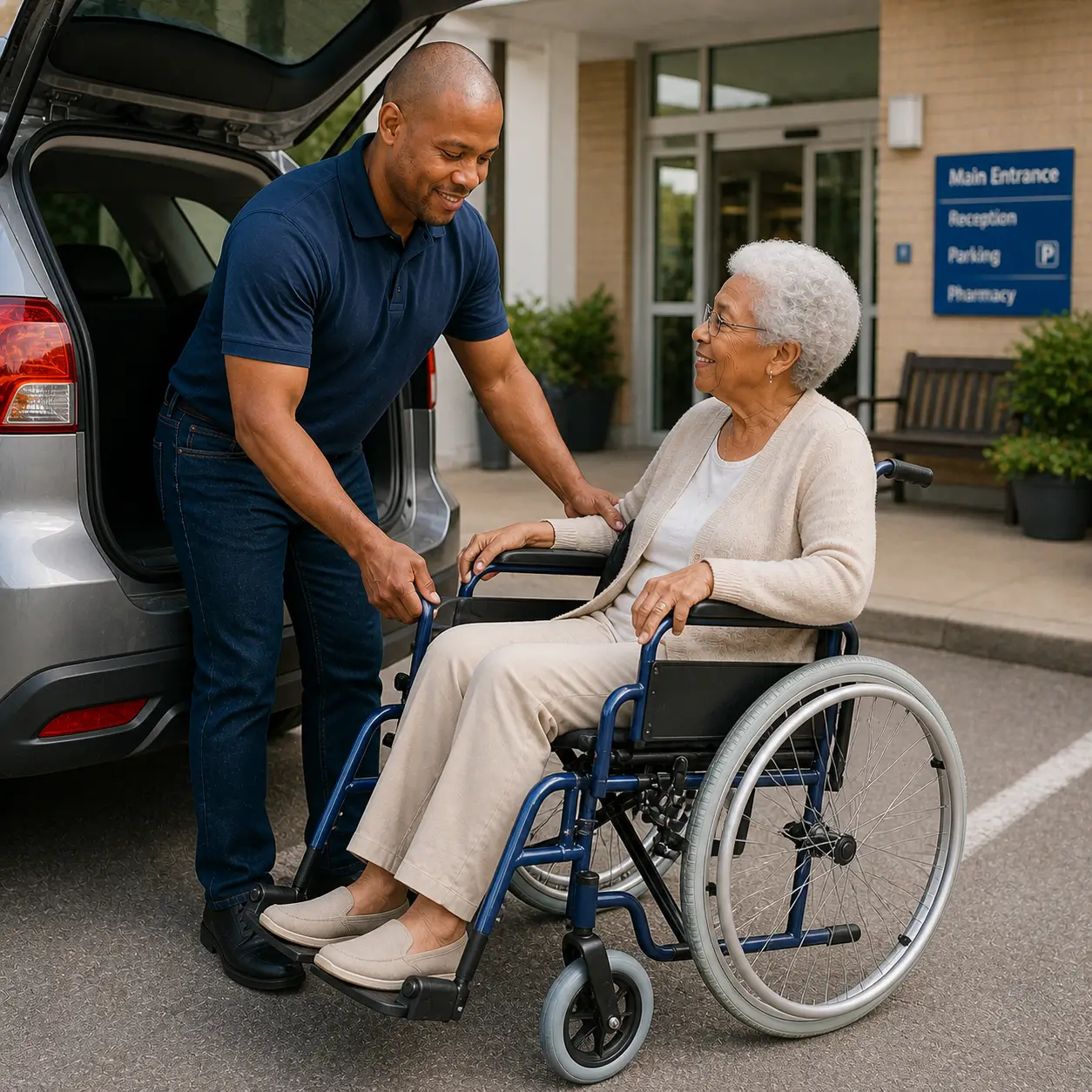 Wheelchair support loading unloading with Elderly Transport drivers